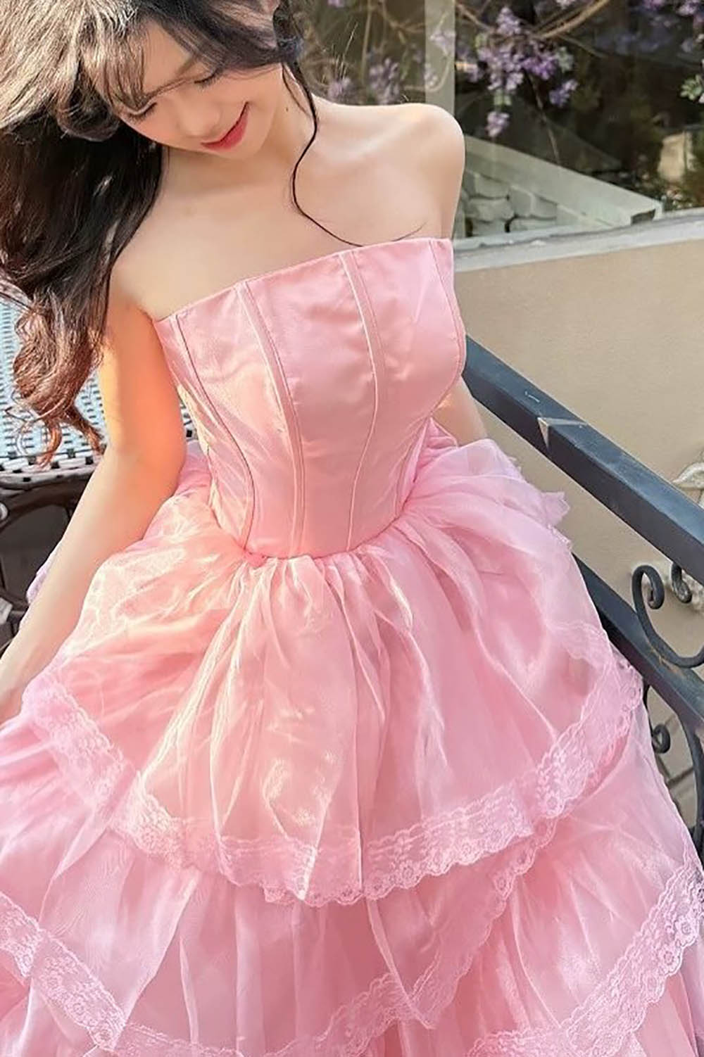 Pink Quinceanera Dress Strapless Corset Ball Gown Layered Ruffles Lace Prom Dress Ms2609211