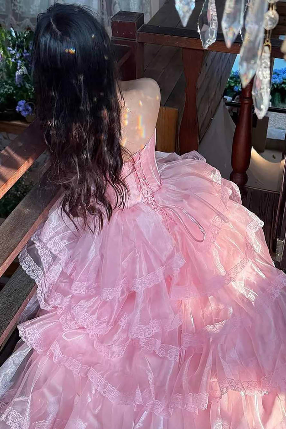 Pink Quinceanera Dress Strapless Corset Ball Gown Layered Ruffles Lace Prom Dress Ms2609211