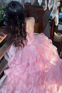 Pink Quinceanera Dress Strapless Corset Ball Gown Layered Ruffles Lace Prom Dress Ms2609211