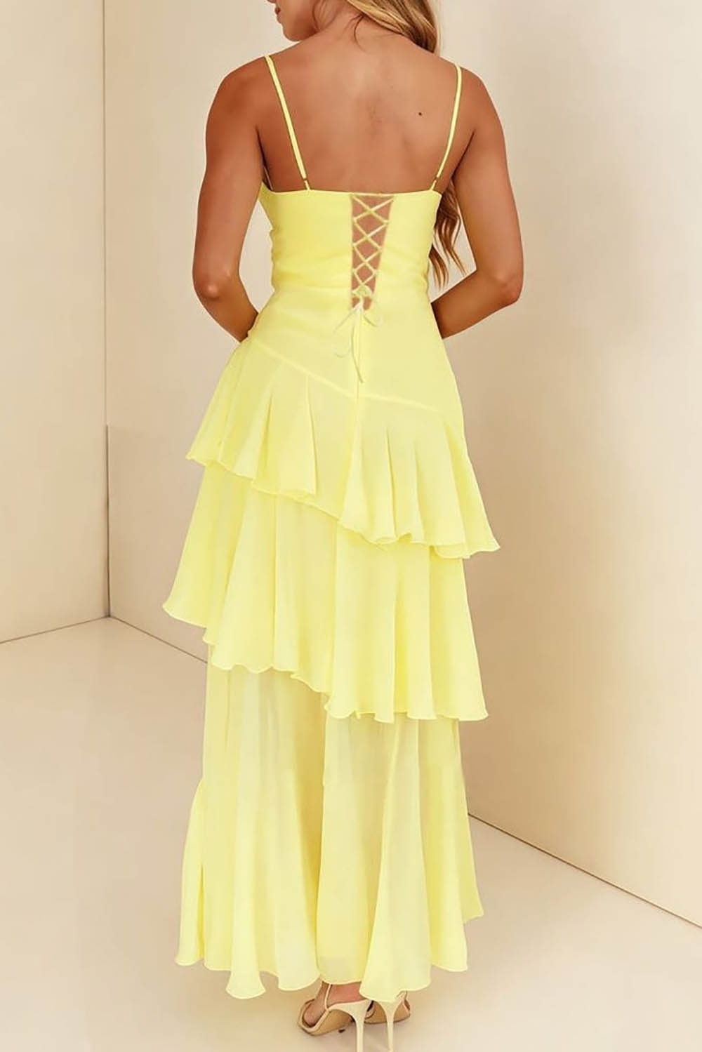 Yellow Prom Dress Spaghetti Strap Layered Evening Gown Lace Up Party Dress Ms2609111