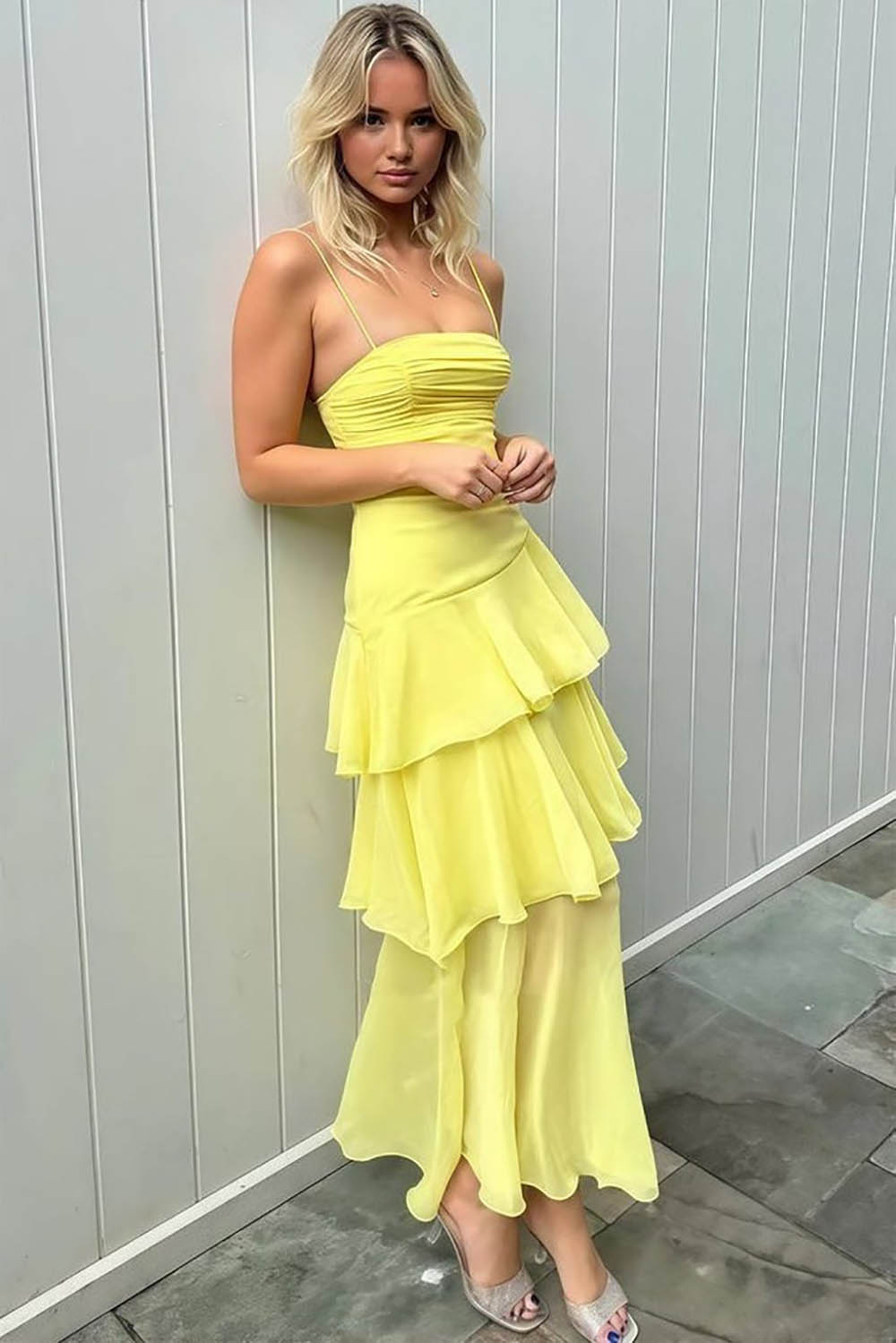 Yellow Prom Dress Spaghetti Strap Layered Evening Gown Lace Up Party Dress Ms2609111
