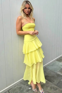 Yellow Prom Dress Spaghetti Strap Layered Evening Gown Lace Up Party Dress Ms2609111