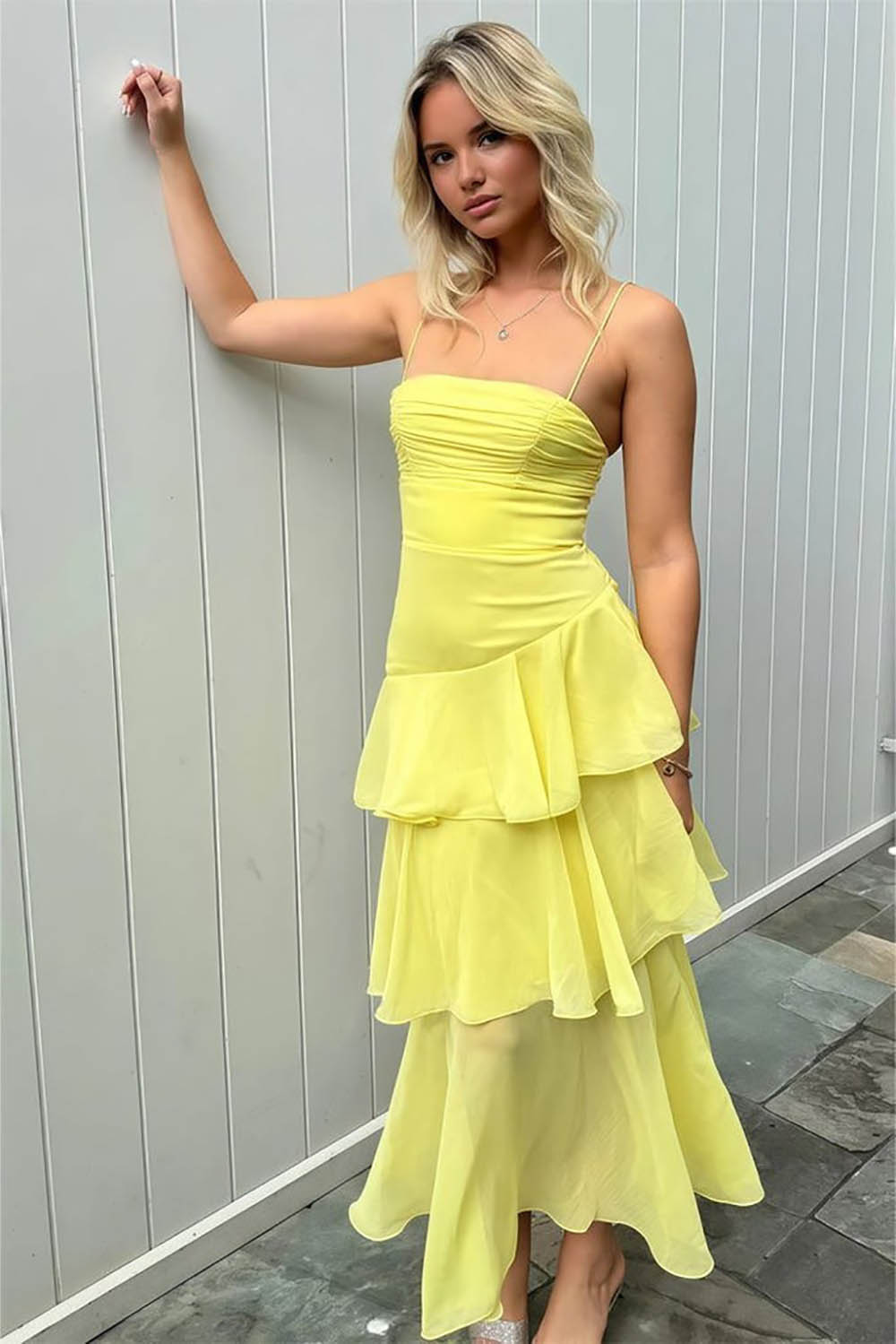 Yellow Prom Dress Spaghetti Strap Layered Evening Gown Lace Up Party Dress Ms2609111