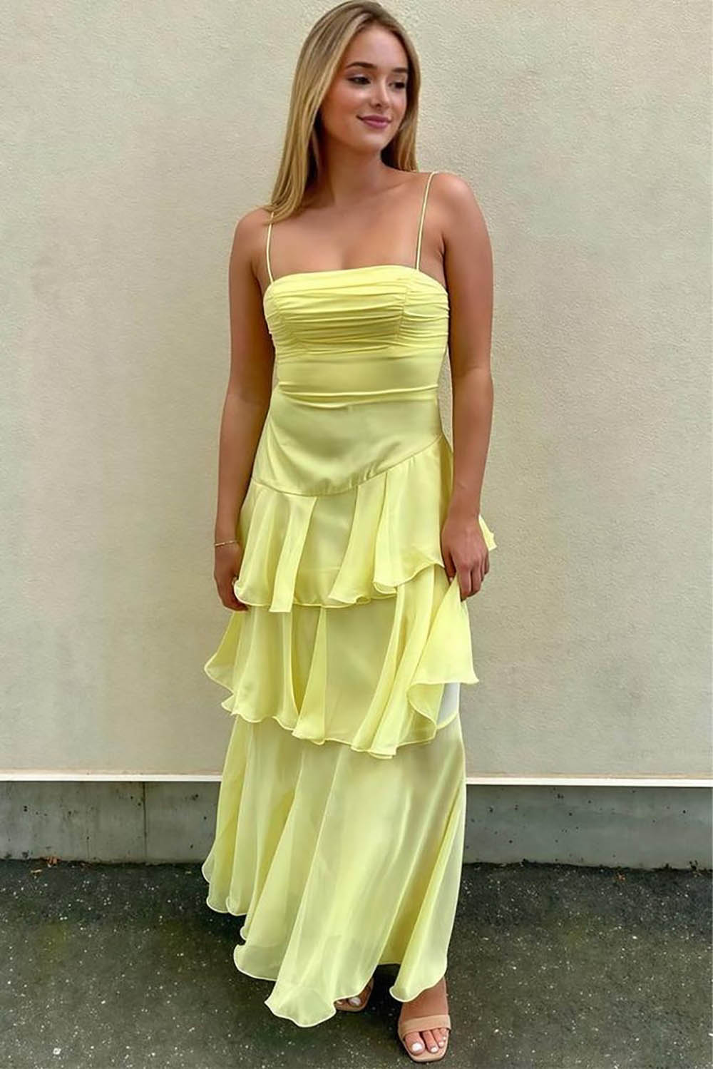 Yellow Prom Dress Spaghetti Strap Layered Evening Gown Lace Up Party Dress Ms2609111