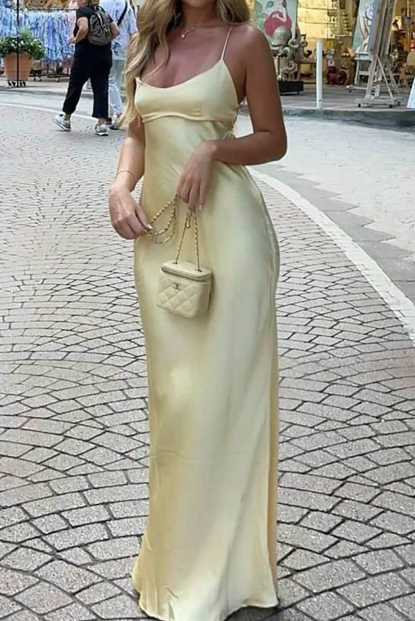 Satin Spaghetti Strap Prom Dress Sheath Open Back Long Evening Dress Ms2609191