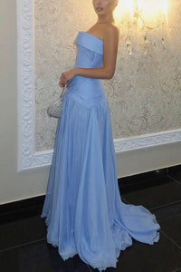 Blue Prom Dress Strapless Ruched Chiffon A Line Long Formal Evening Gowns Ms2609051