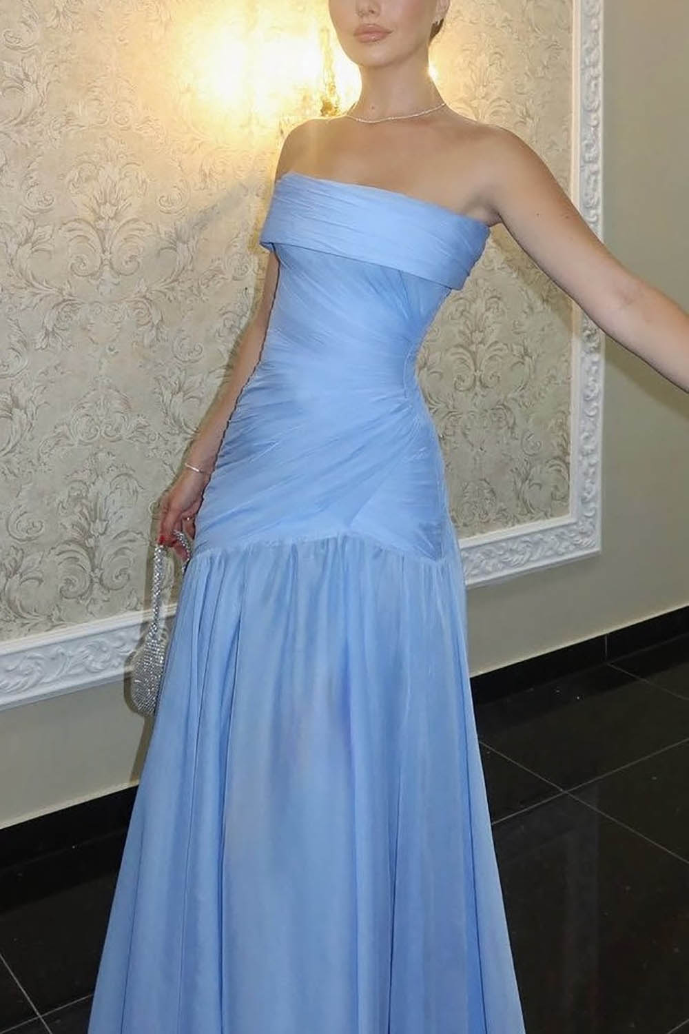 Blue Prom Dress Strapless Ruched Chiffon A Line Long Formal Evening Gowns Ms2609051