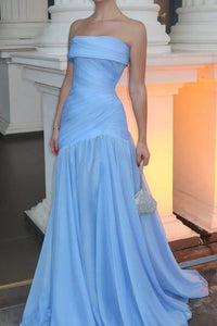Blue Prom Dress Strapless Ruched Chiffon A Line Long Formal Evening Gowns Ms2609051