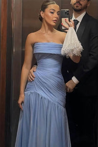 Blue Prom Dress Strapless Ruched Chiffon A Line Long Formal Evening Gowns Ms2609051