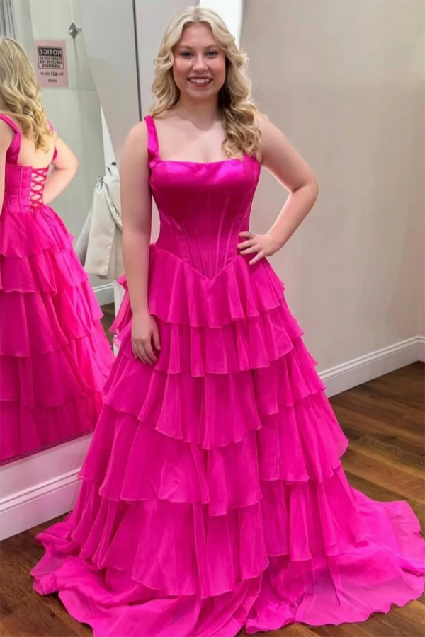 Tiered Ruffle Prom Dress Corset A Line Chiffon High Slit Formal Evening Dress Ms2606222