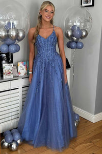 Robe de soirée longue en tulle à bretelles spaghetti et décolleté plongeant pour femme