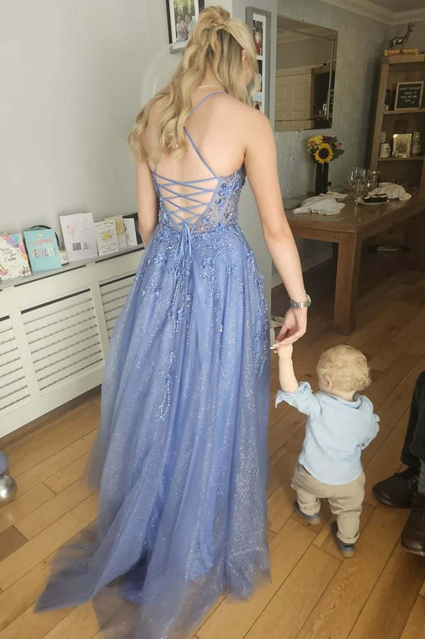 Glitter Tulle Prom Dress Spaghetti Strap A Line Lace Applique Corset Formal Evening Dress Ms2606096