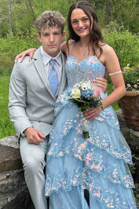 Tiered Prom Dress Lace Appliques Spaghetti Strap Slit A-Line Evening Gown Ms2606095