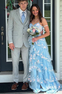 Tiered Prom Dress Lace Appliques Spaghetti Strap Slit A-Line Evening Gown Ms2606095