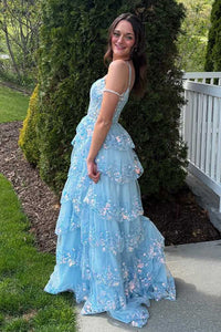 Tiered Prom Dress Lace Appliques Spaghetti Strap Slit A-Line Evening Gown Ms2606095