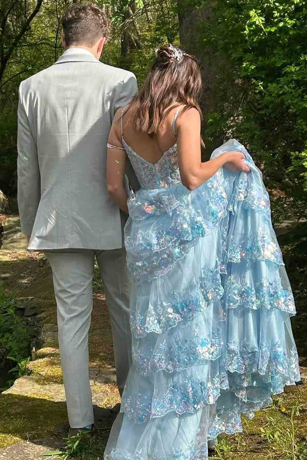 Tiered Prom Dress Lace Appliques Spaghetti Strap Slit A-Line Evening Gown Ms2606095