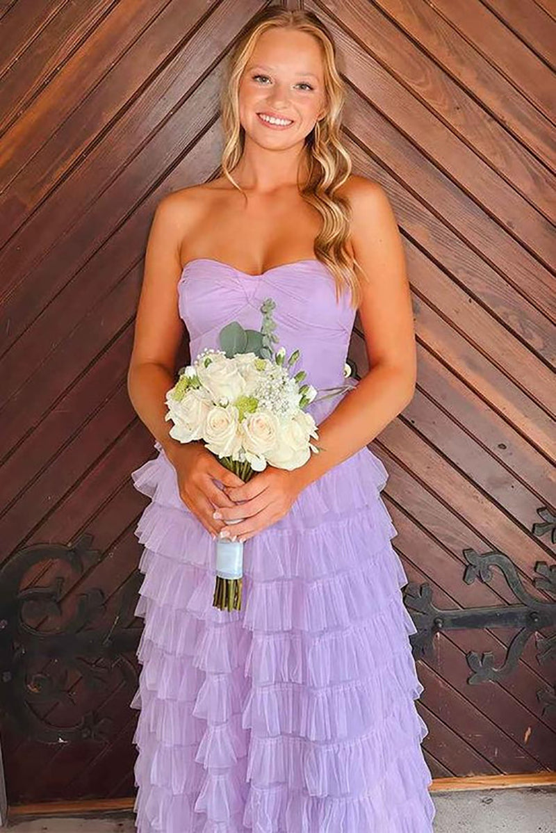 Lilac Tiered Ruffles Prom Dress Strapless A Line Formal Gown Princess Party Dress Ms2606084