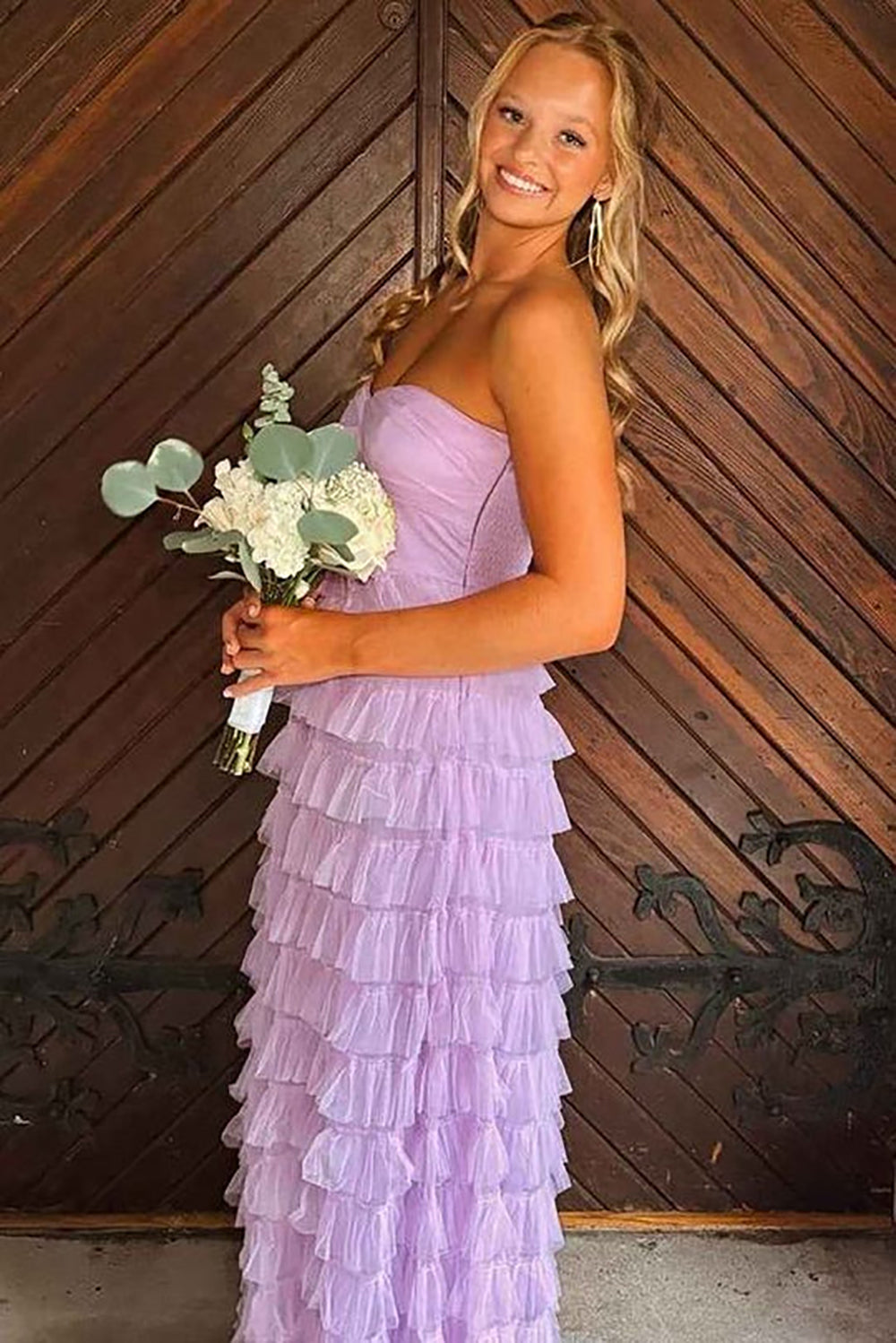 Lilac Tiered Ruffles Prom Dress Strapless A Line Formal Gown Princess Party Dress Ms2606084
