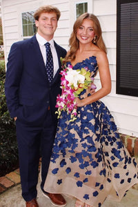 Navy Blue Floral Appliques Prom Dress Strapless A Line Organza Evening Gown Ms2606086