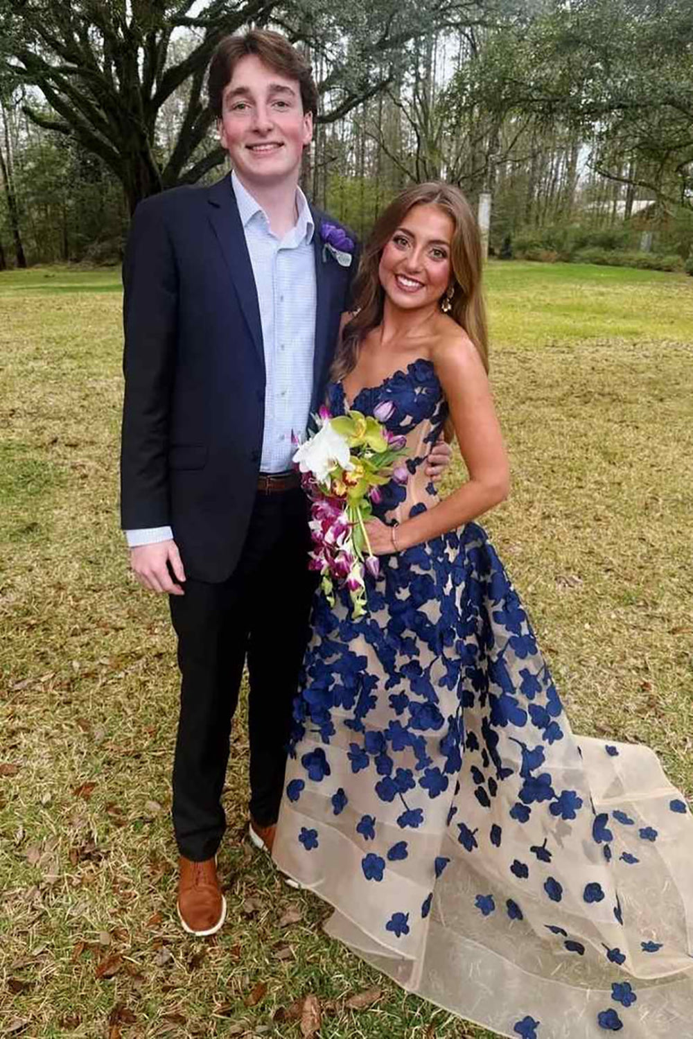 Navy Blue Floral Appliques Prom Dress Strapless A Line Organza Evening Gown Ms2606086