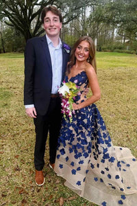 Navy Blue Floral Appliques Prom Dress Strapless A Line Organza Evening Gown Ms2606086