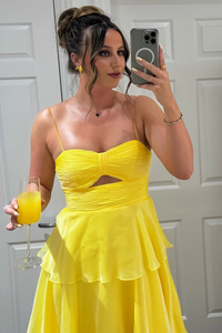 Yellow Chiffon Prom Dress Spaghetti Strap Cut Out Tiered Ruffle A Line Evening Dress Ms2606071