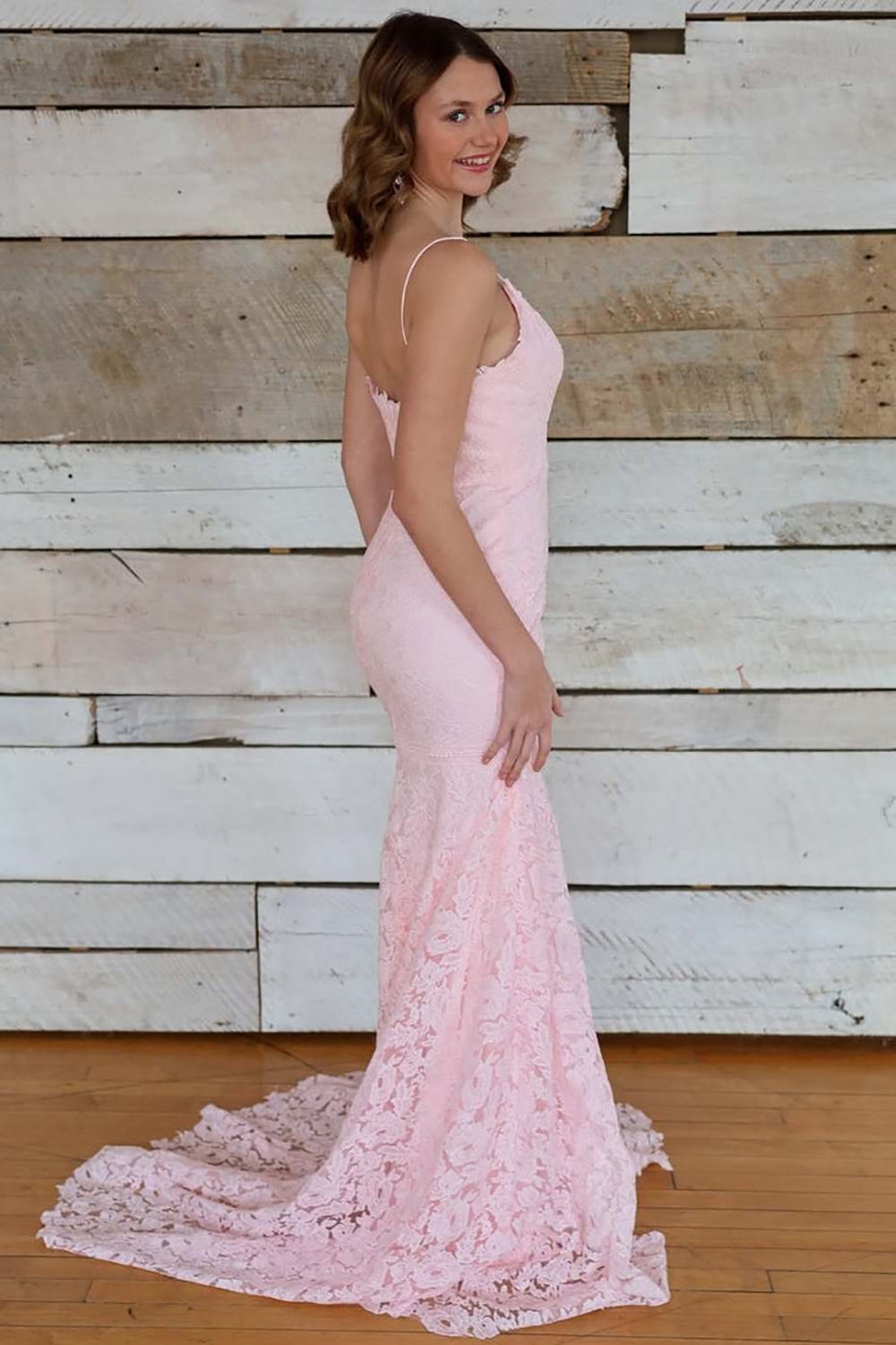 Pink Mermaid Prom Dress Spaghetti Strap Lace Appliques Formal Evening Gown Ms26060872
