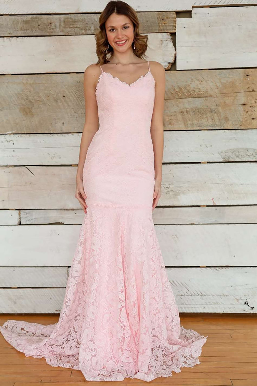Pink Mermaid Prom Dress Spaghetti Strap Lace Appliques Formal Evening Gown Ms26060872