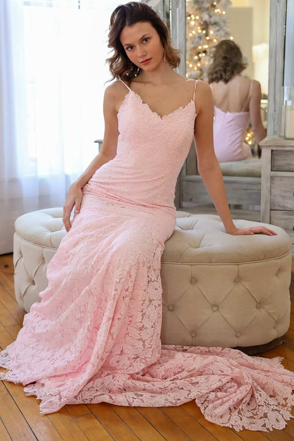 Pink Mermaid Prom Dress Spaghetti Strap Lace Appliques Formal Evening Gown Ms26060872