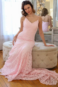 Pink Mermaid Prom Dress Spaghetti Strap Lace Appliques Formal Evening Gown Ms26060872