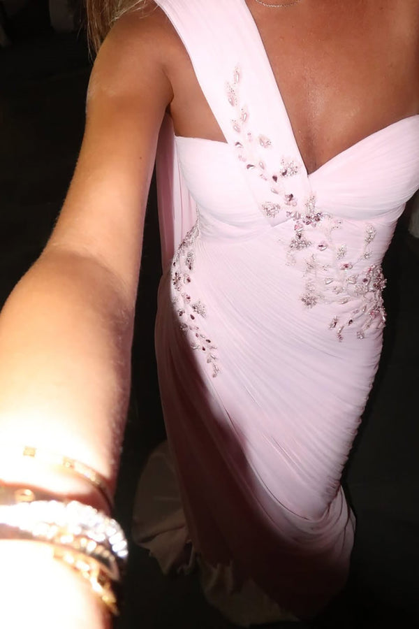 One Shoulder Beaded Mermaid Prom Dress Ruched Formal Evening Gown With Cape Ms2606073