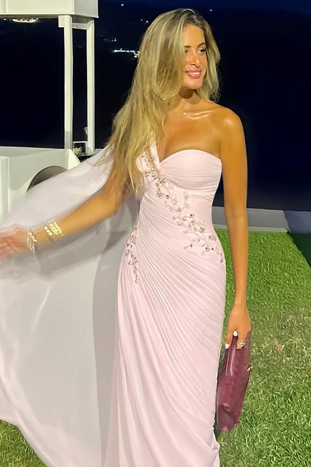 One Shoulder Beaded Mermaid Prom Dress Ruched Formal Evening Gown With Cape Ms2606073