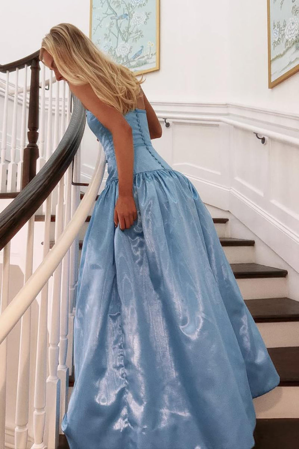 Satin A Line Strapless Bow Princess Prom Dress Long Formal Evening Gown Ms2606074