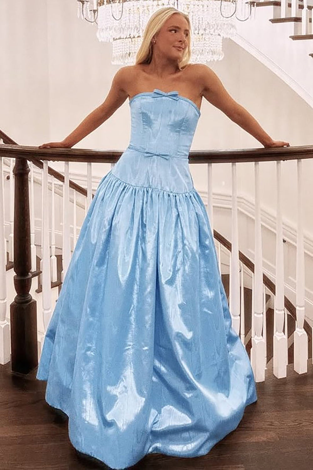 Satin A Line Strapless Bow Princess Prom Dress Long Formal Evening Gown Ms2606074