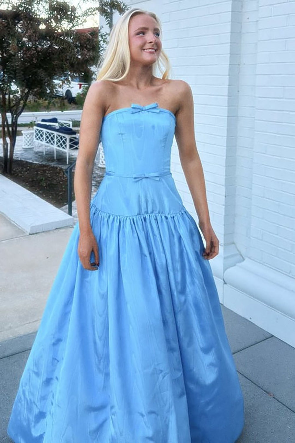 Satin A Line Strapless Bow Princess Prom Dress Long Formal Evening Gown Ms2606074