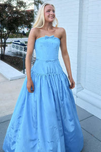 Satin A Line Strapless Bow Princess Prom Dress Long Formal Evening Gown Ms2606074