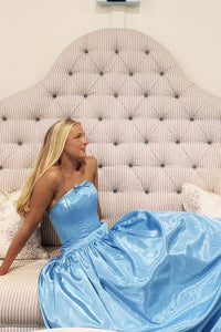 Satin A Line Strapless Bow Princess Prom Dress Long Formal Evening Gown Ms2606074