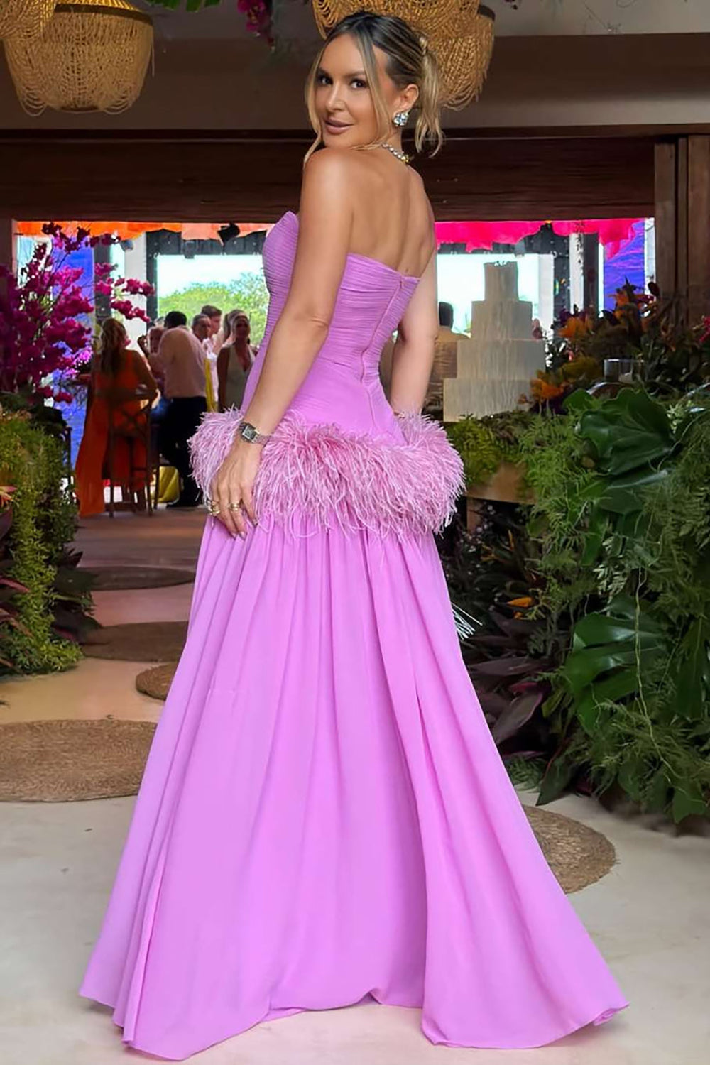 Strapless Feather Prom Dress A Line Evening Dress Ruched Party Gown Ms2606076