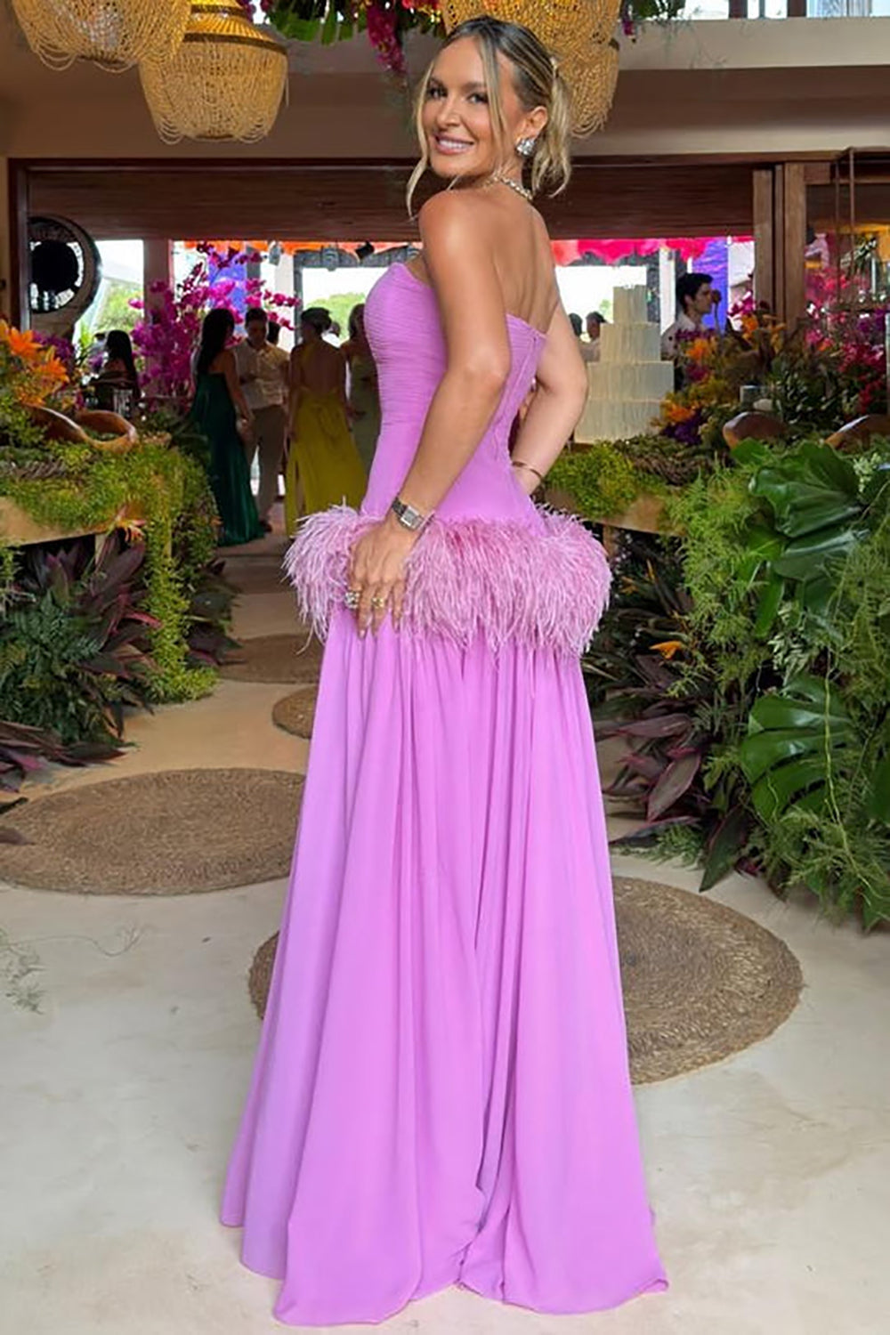Strapless Feather Prom Dress A Line Evening Dress Ruched Party Gown Ms ...