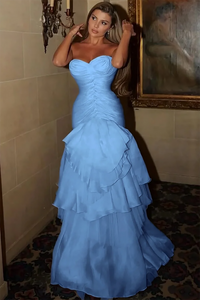 Blue Mermaid Prom Dress Ruched Sweetheart Evening Dress Tiered Ruffle Party Dress Ms2606043