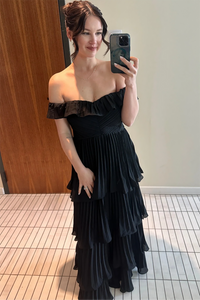 Off Shoulder Pleated Chiffon Prom Dress Tiered Ruffle Evening Gown Ms2606052