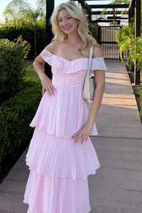 Off Shoulder Pleated Chiffon Prom Dress Tiered Ruffle Evening Gown Ms2606052