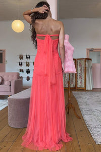 Strapless Prom Dress Back Bow Pleated Chiffon Formal Evening Gown Ms2606034