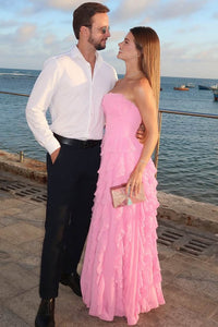 Pink Strapless Ruffles Prom Dress Chiffon A Line Evening Dress Gala Gown Ms2606036