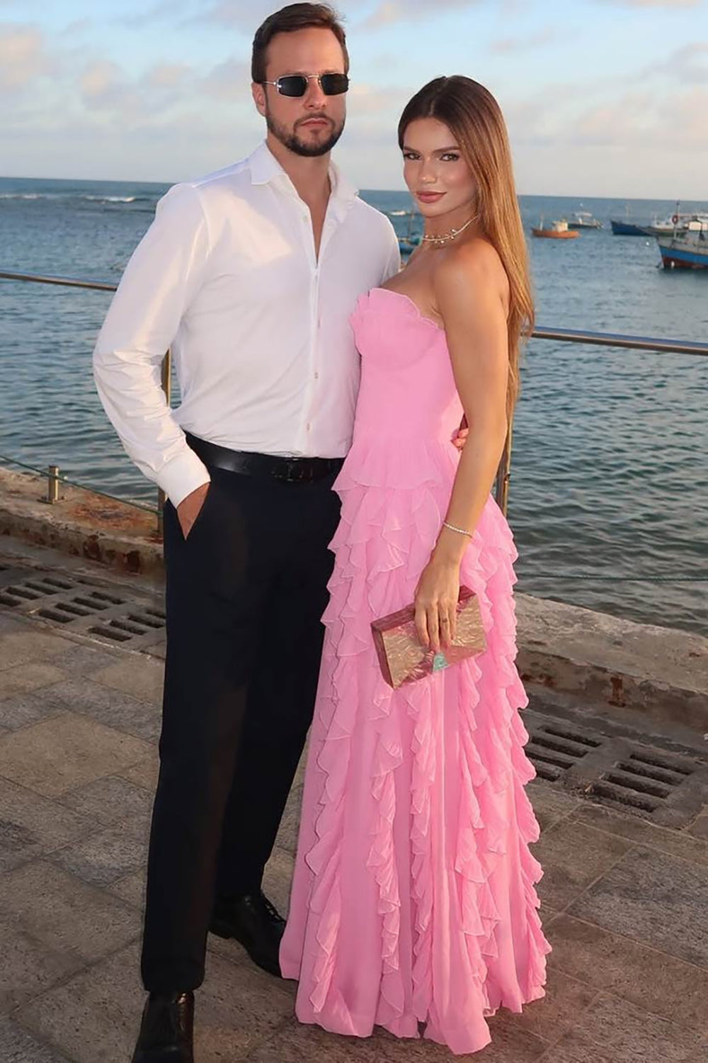 Pink Strapless Ruffles Prom Dress Chiffon A Line Evening Dress Gala Gown Ms2606036