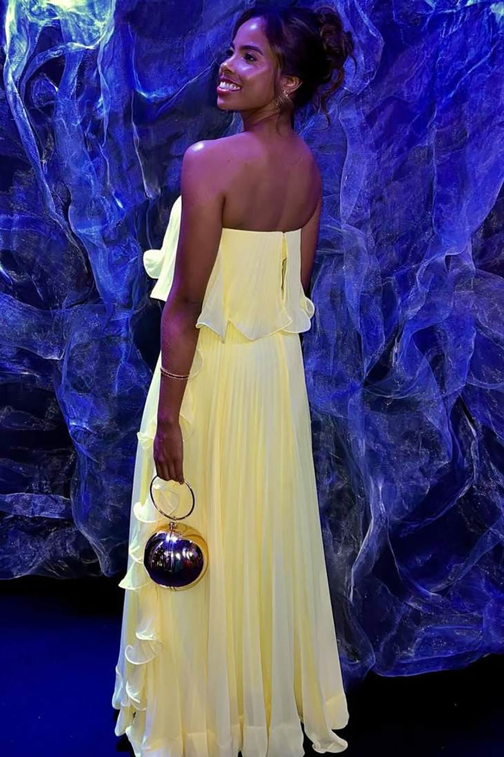 Chiffon Prom Dress Strapless Pleated Ruffles Evening Dress Gala Party Gown Ms2606037