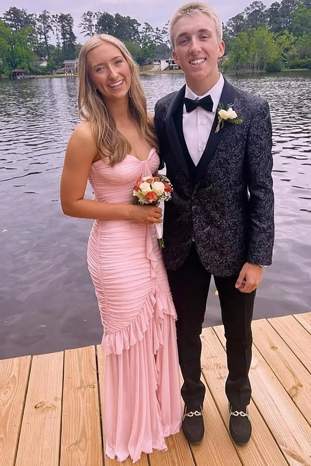Pink Ruched Mermaid Prom Dress Sweetheart Slit Formal Evening Dress Wedding Guest Dress Ms2606011