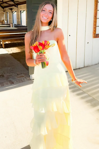 Yellow Tiered Ruffle Prom Dress Strapless Chiffon Wedding Guest Dress Formal Party Dress Ms2606012
