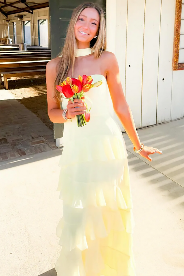 Yellow Tiered Ruffle Prom Dress Strapless Chiffon Wedding Guest Dress Formal Party Dress Ms2606012