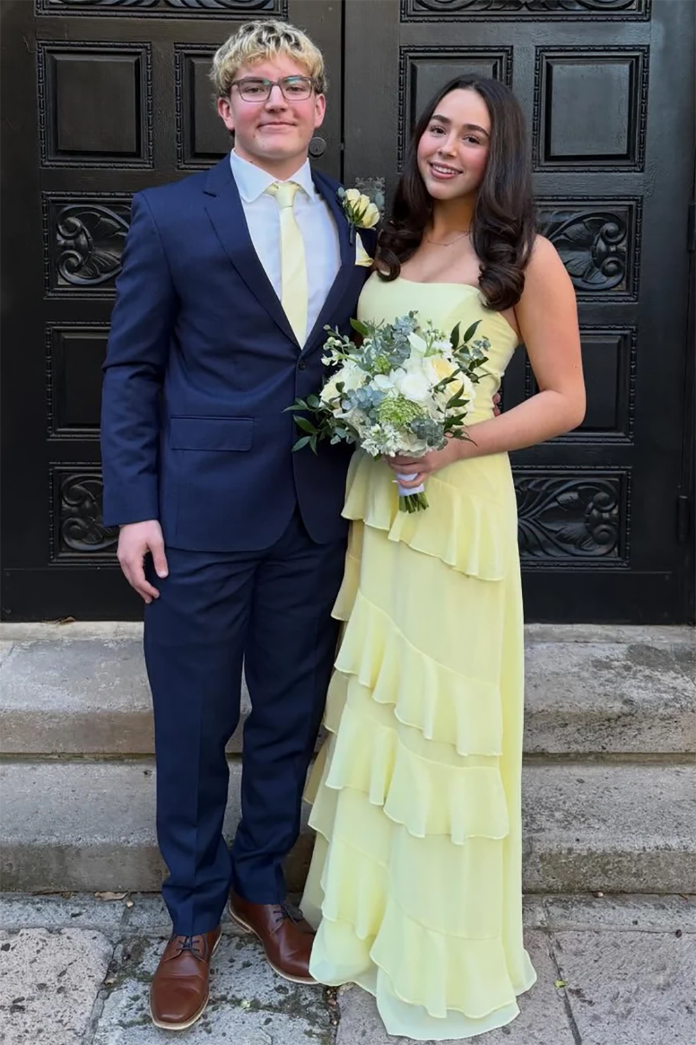 Yellow Tiered Ruffle Prom Dress Strapless Chiffon Wedding Guest Dress Formal Party Dress Ms2606012